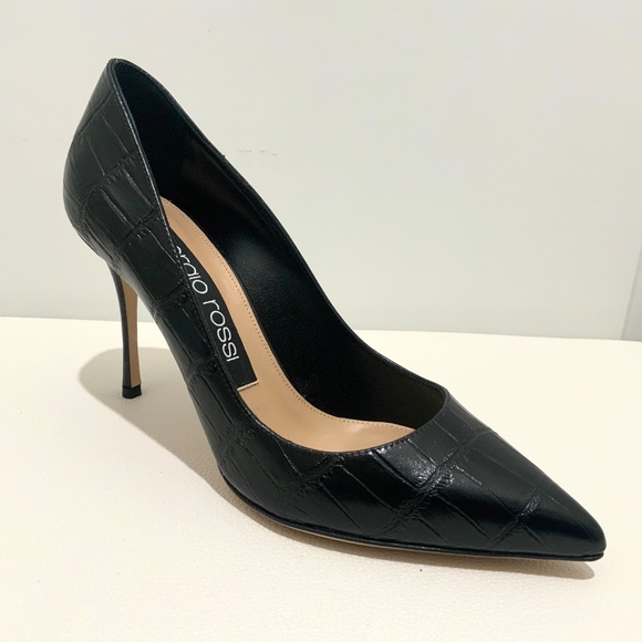 Sergio Rossi Black Croc Embossed Leather Pointed Toe Pumps Stiletto heel Shoes - Picture 14 of 16